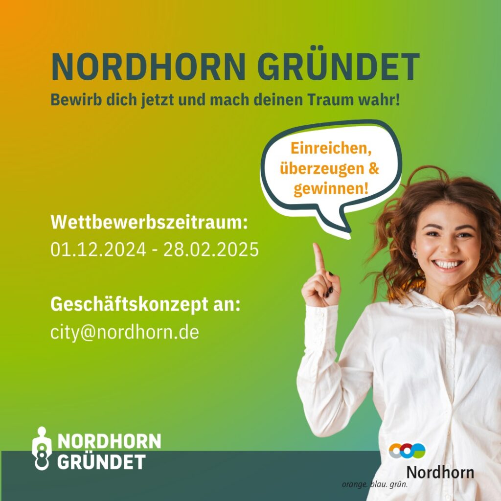 Unter der Bildüberschrift "Nordhorn gründet" steht der Wettbewerbsuzeitraum vom 01.12.2024 bis zum 28.02.2025