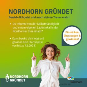 Überschrift "Nordhorn gründet" mit einer jubelnden Gründerin